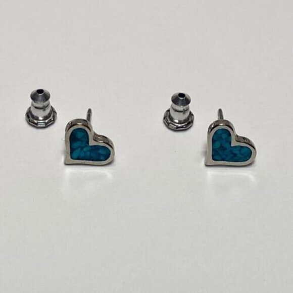 Vintage Turquiose Heart Coral Inlay Silver Earrings 1/4" Hearts Post Stud EUC - Picture 6 of 12